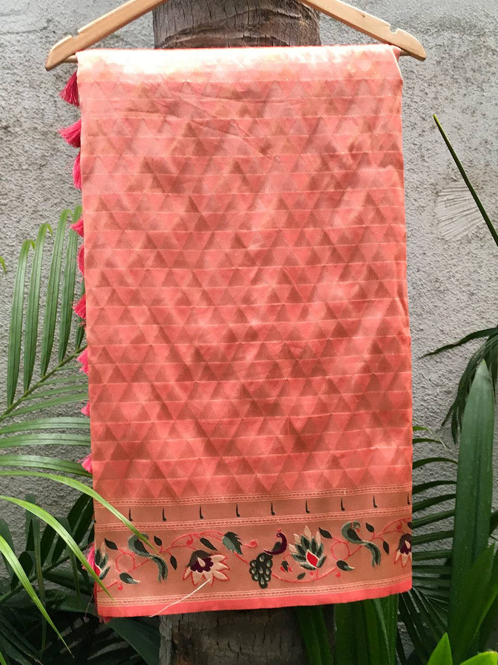 Peach Silk Blend Woven Zari Work Paithani Saree