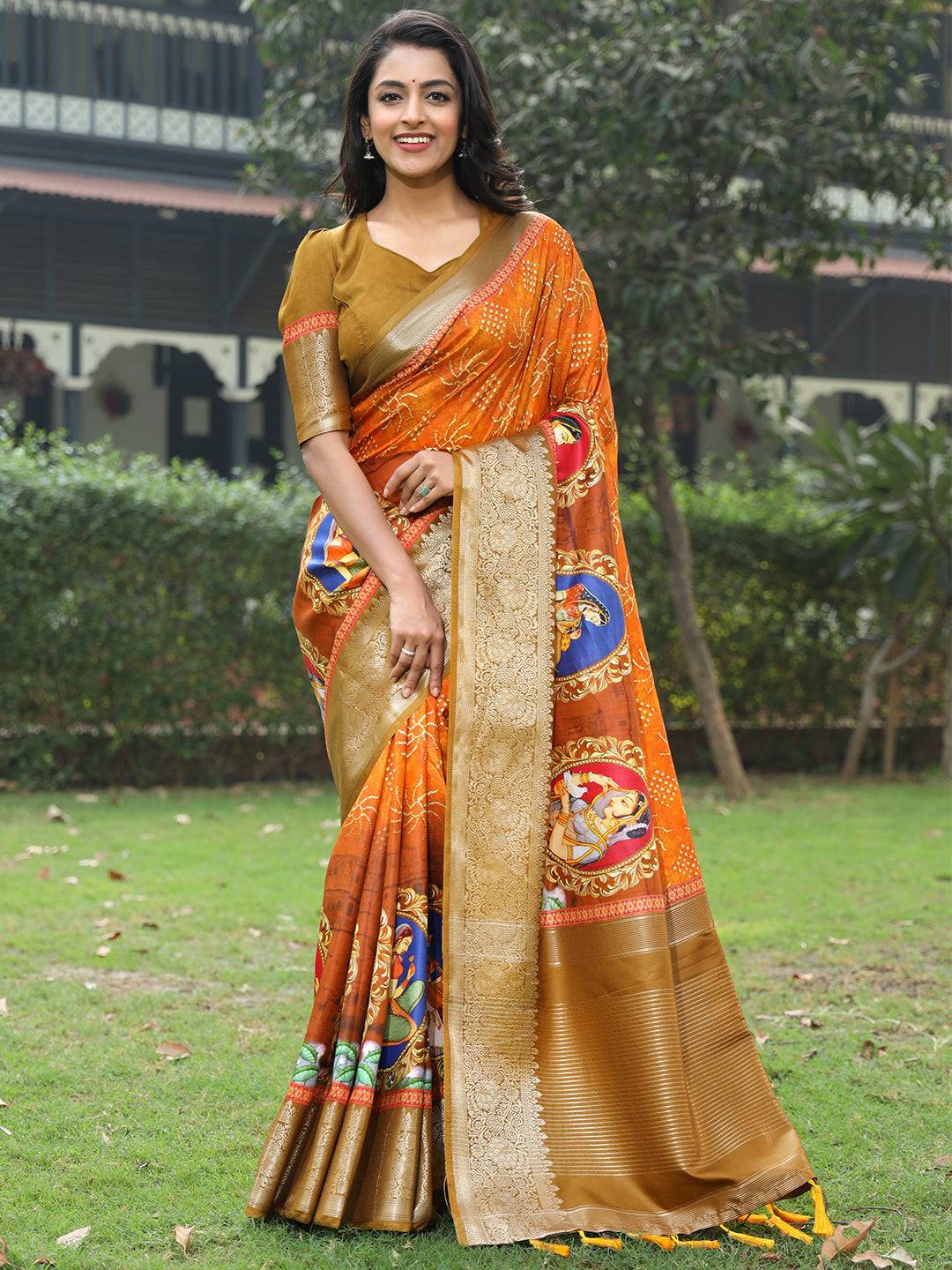 Orange Pure Viscose Dola Silk Saree with Mughal Print Border - Luxe