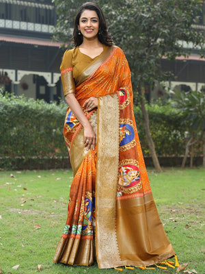 Orange Pure Viscose Dola Silk Saree with Mughal Print Border - Luxe