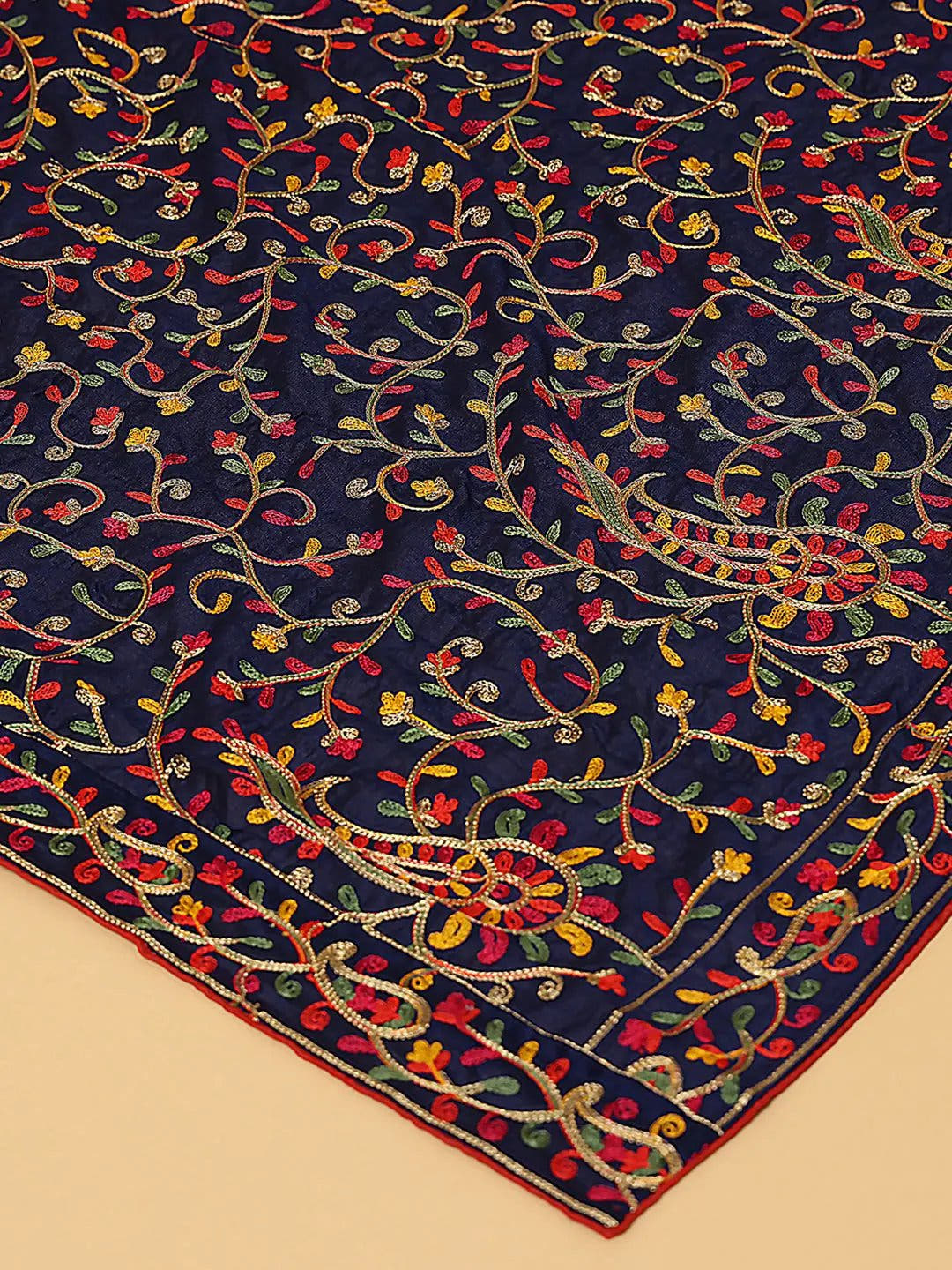 Navy Fine Paisley Border Pashmina Dupatta