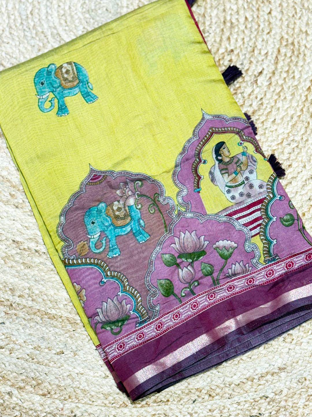 Yellow Mul Kalamkari Printed Saree