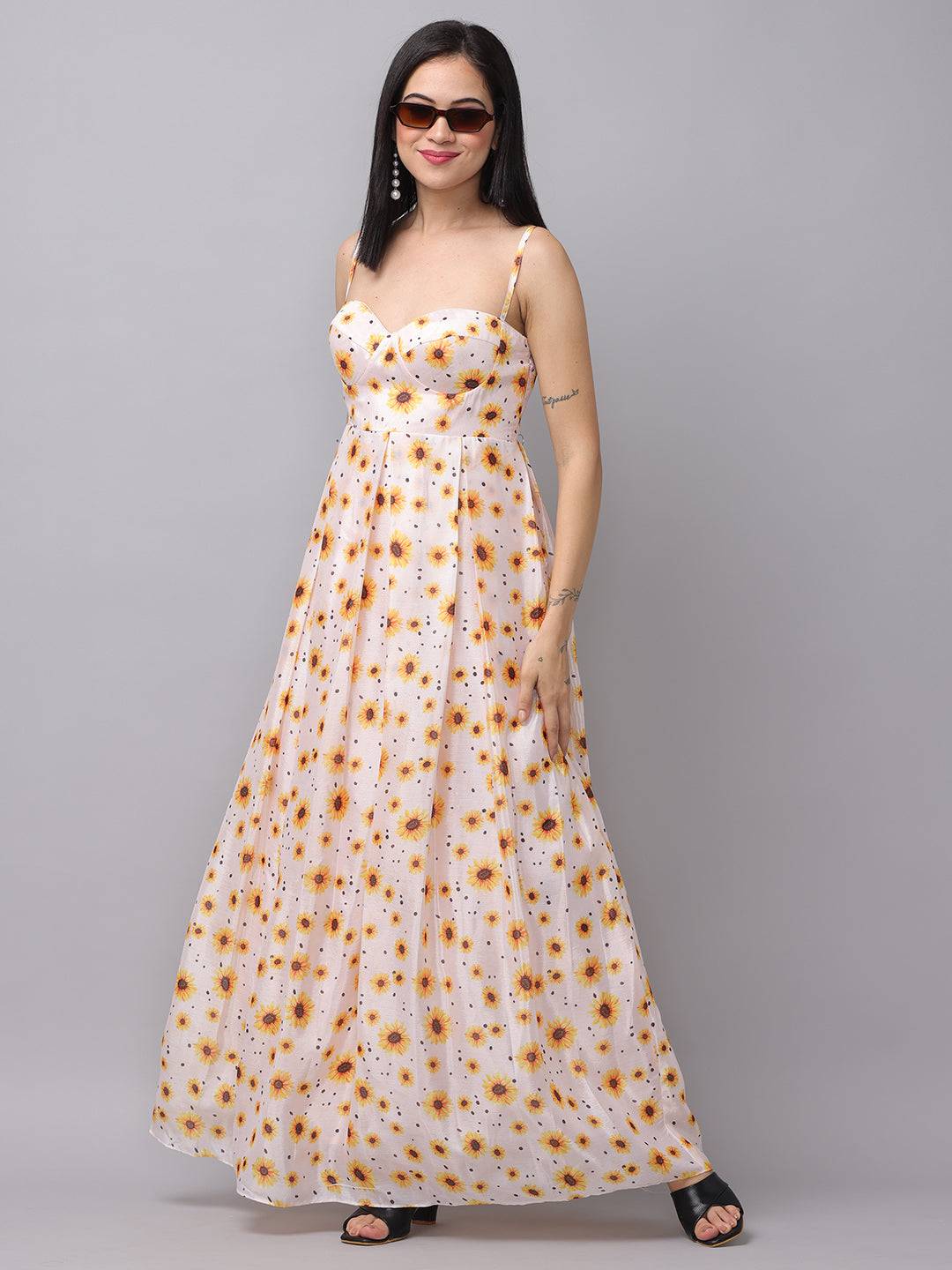 White Sunflower Printed Dress