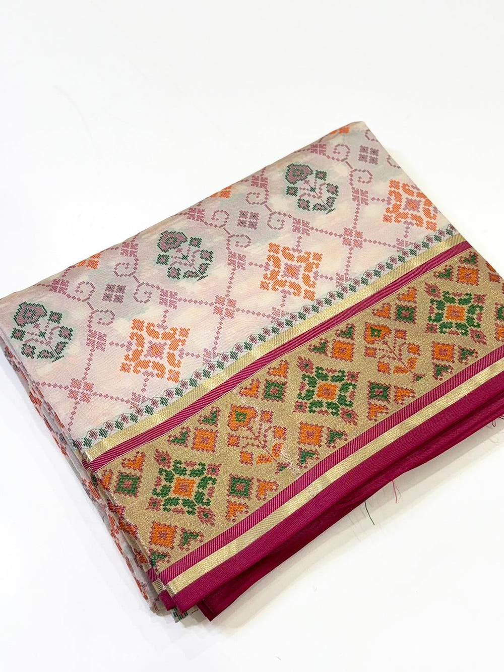 White Pochampally Patola Soft Silk Saree