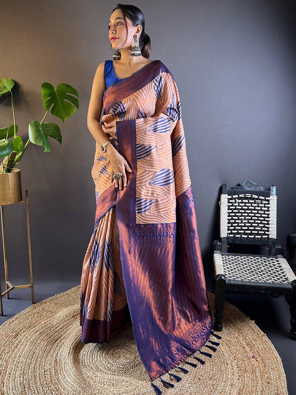 Peach Tussar Silk Zari Weaving Ikkat Saree