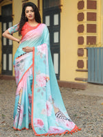 Satin Georgette Light Green Colour Hand Print Saree - Luxe