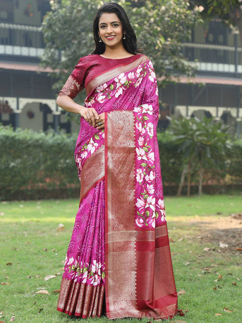Magenta Pure Viscose Dola Silk Saree With Floral Print Border - Luxe