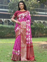 Magenta Pure Viscose Dola Silk Saree With Floral Print Border - Luxe