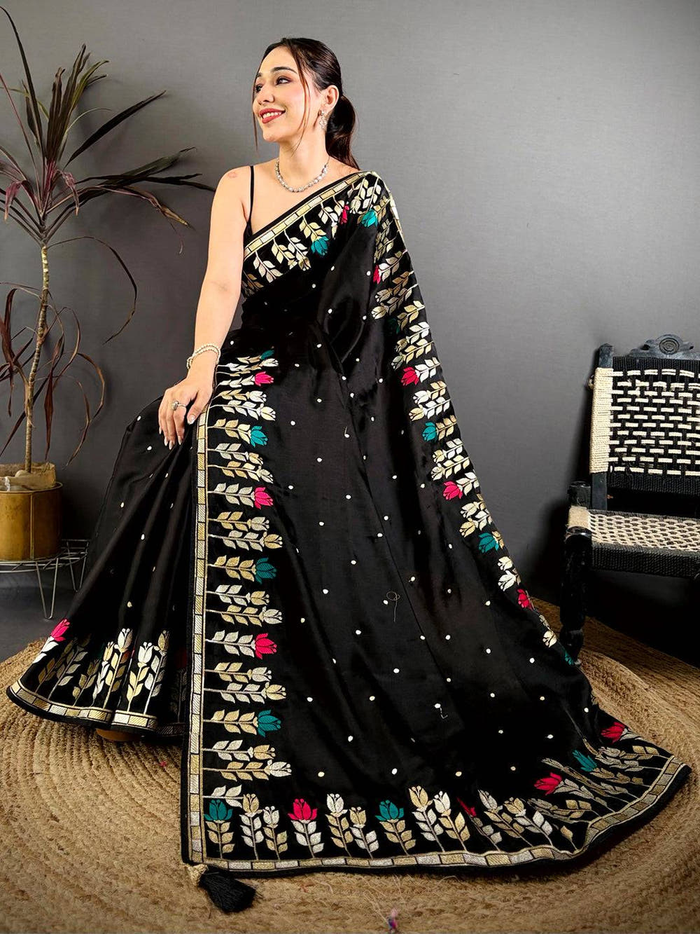 Black Soft Satin Minakari Aari Work Saree