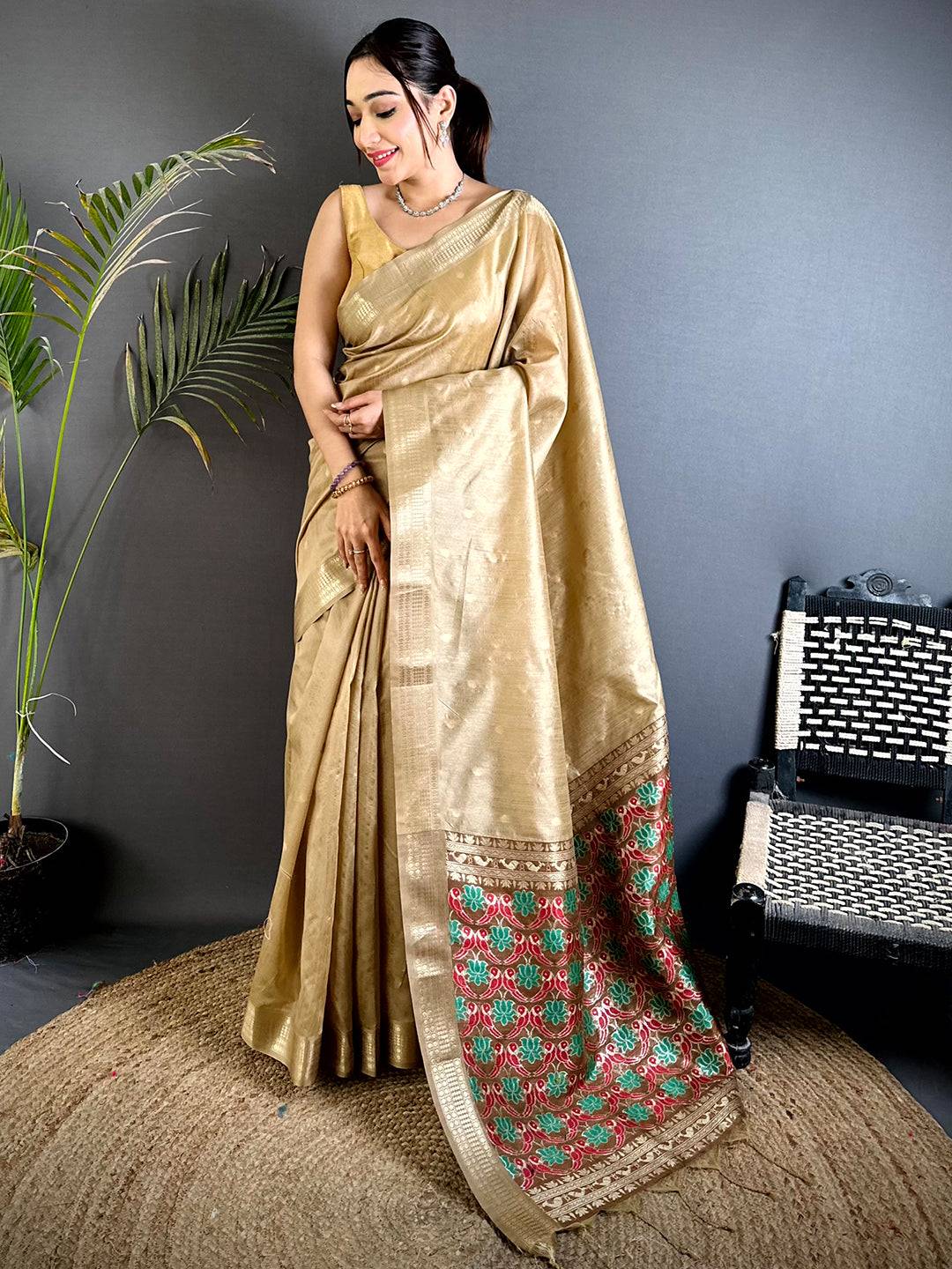 Chiku Minakari Paithani Raw Silk Saree