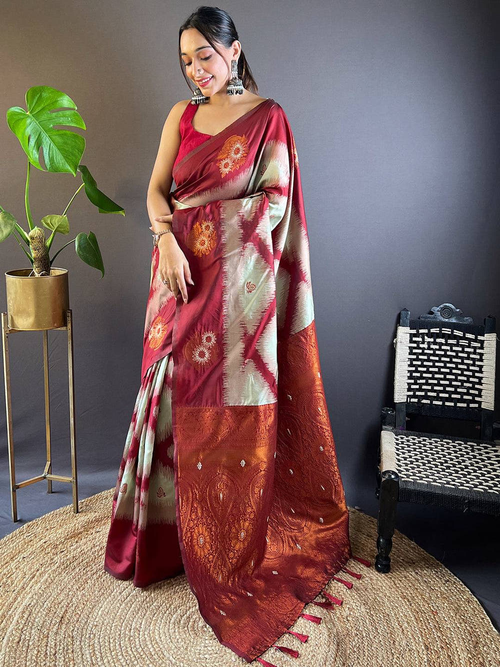 Maroon Tussar Silk Ikkat Weaving  Saree