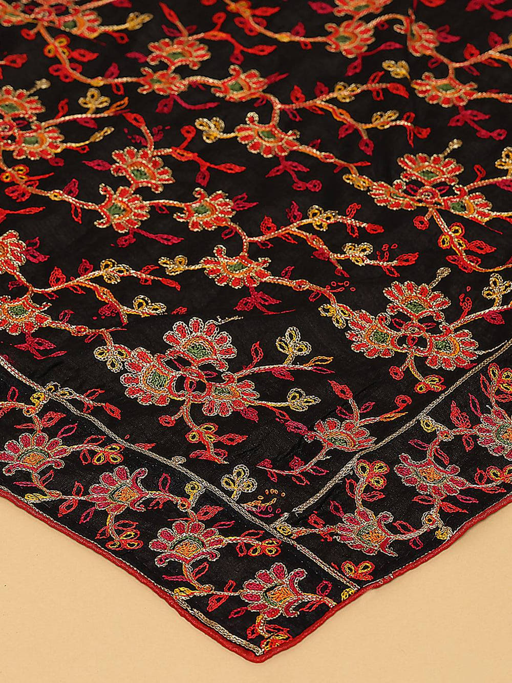Black Multicolour Floral Jaal Pashmina Dupatta