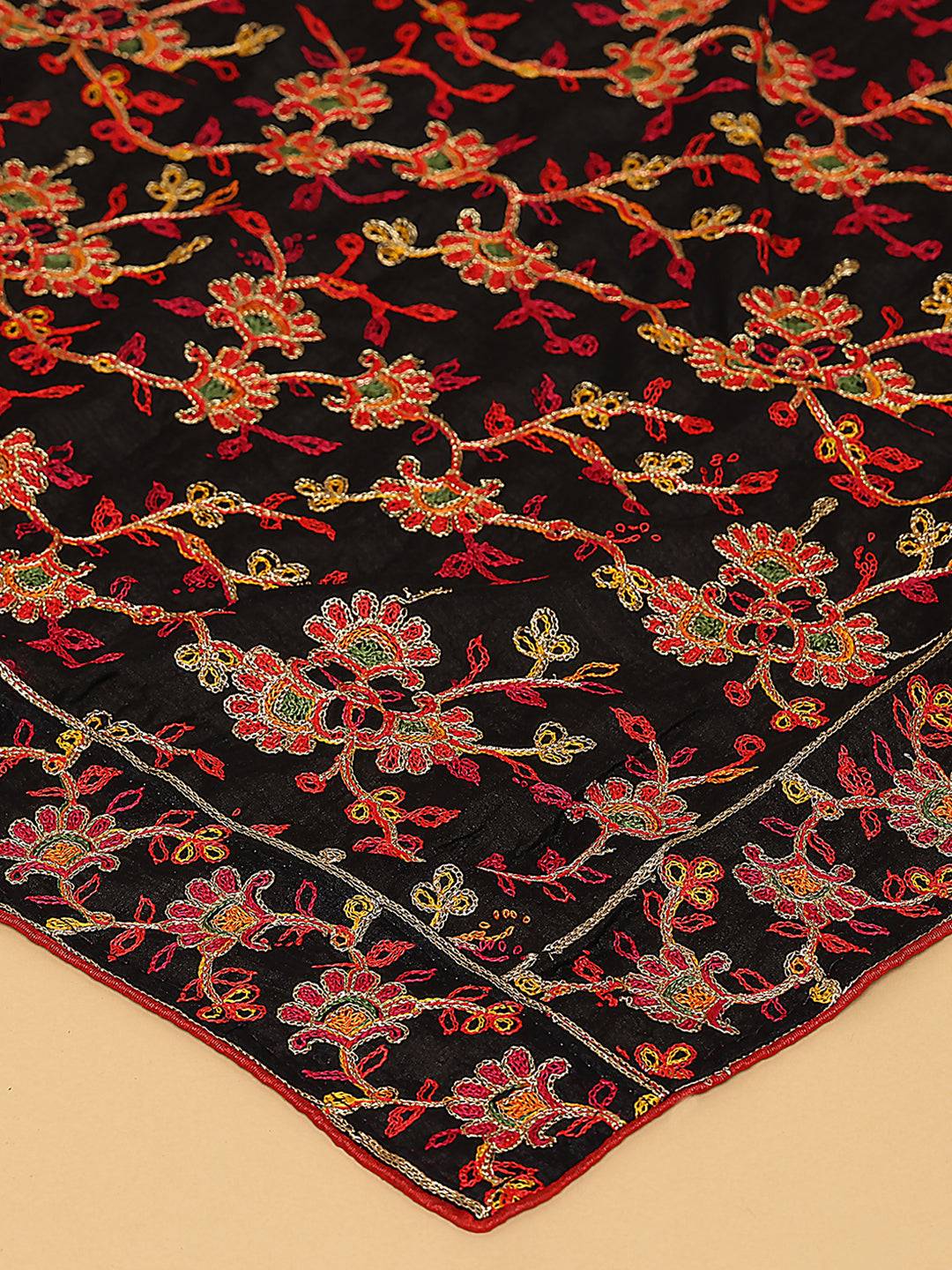 Black Multicolour Floral Jaal Pashmina Dupatta
