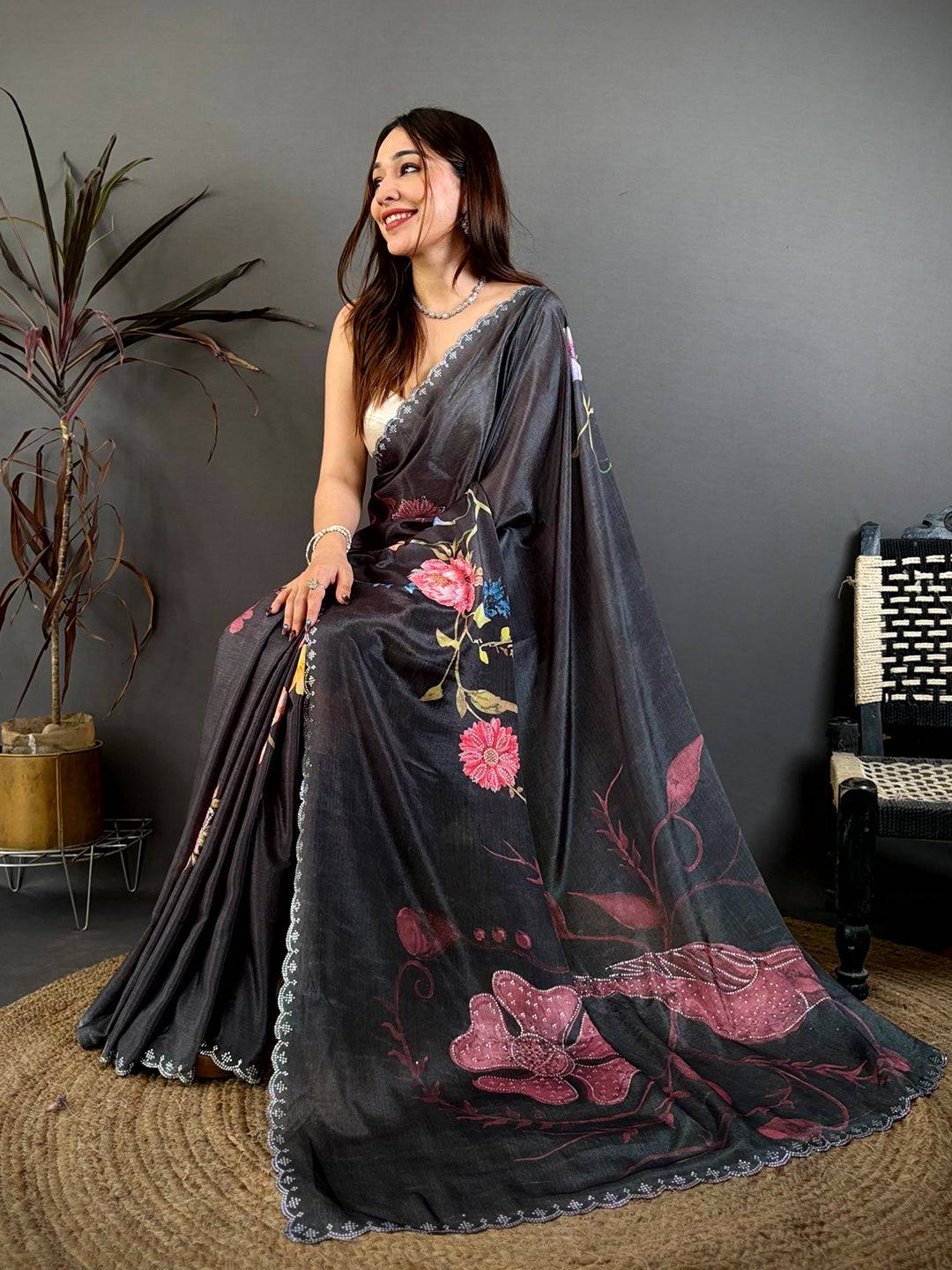 Stylish Diamond Stone Work Chinon Saree