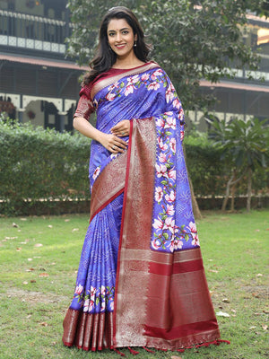 Purple Colour Pure Viscose Dola Silk Saree With Floral Print Border - Luxe