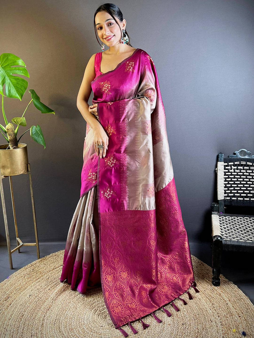 Magenta Sami Banarasi Tussar Silk Saree