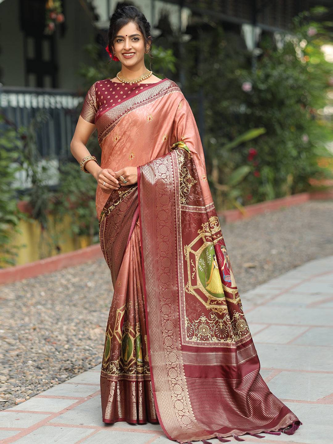 Pure Viscose Dola Silk Saree With Zari Weaving Pallu In Peach Colour - Luxe