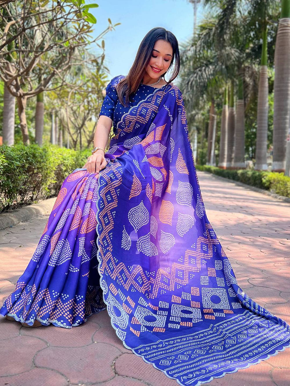 Indigo Ombre Bandhej Georgette Silk Saree