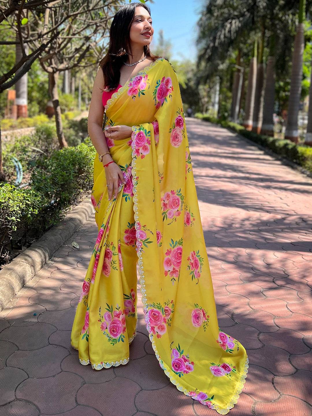 Yellow Satin Georgette Floral Print Saree