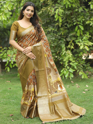 Brown Ajrak Block & Hand Kalamkari Printed Pure Viscose Dola Silk Saree - Luxe