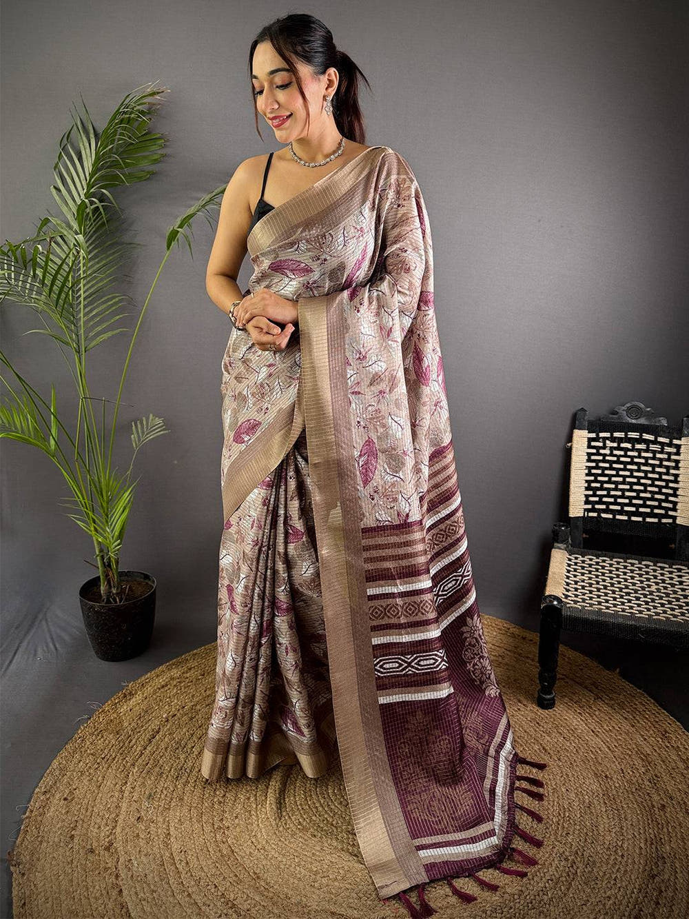 Taupe Tussar Chex Floral Print Saree