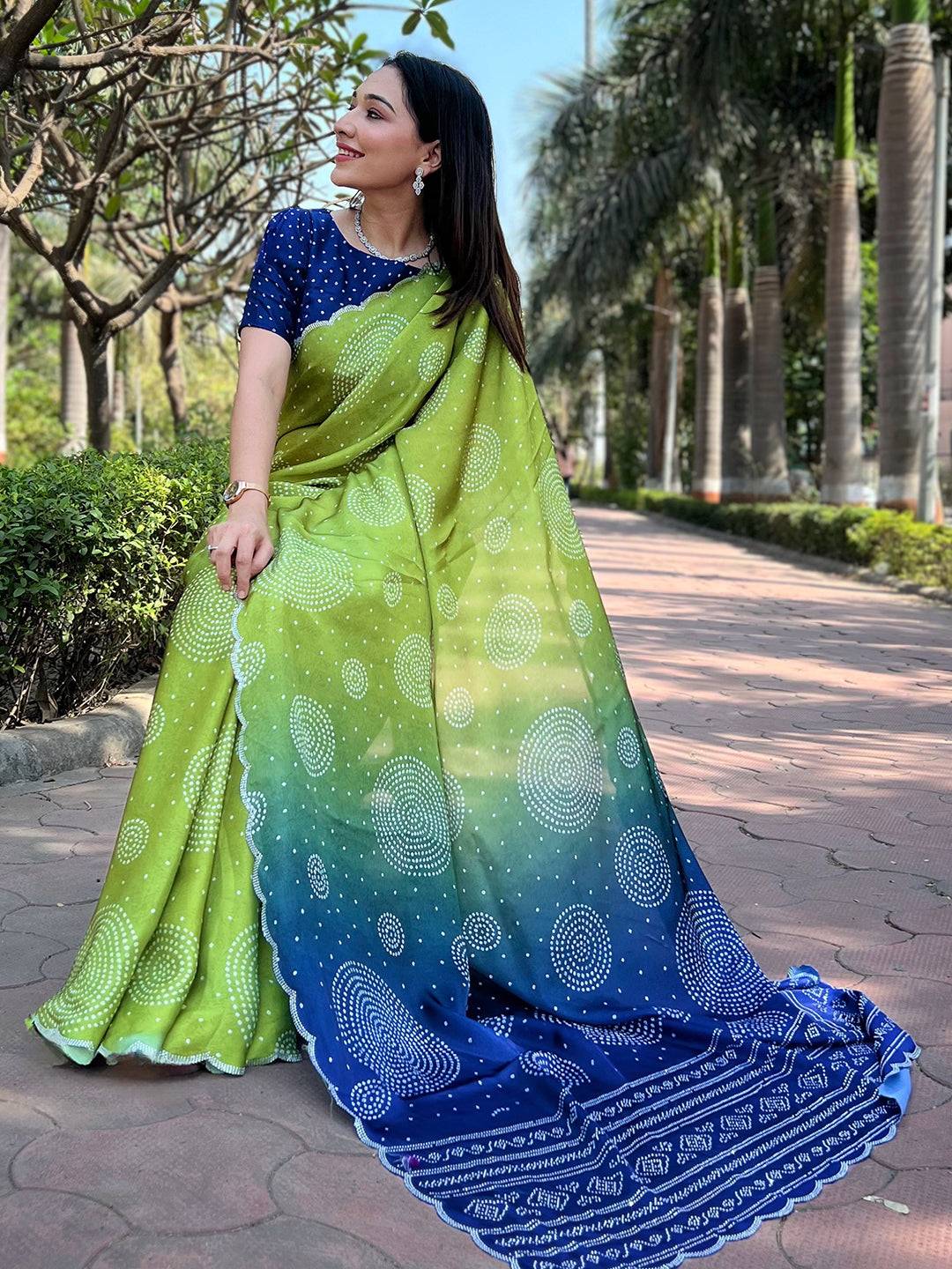 Lime Ombre Bandhej Georgette Silk Saree