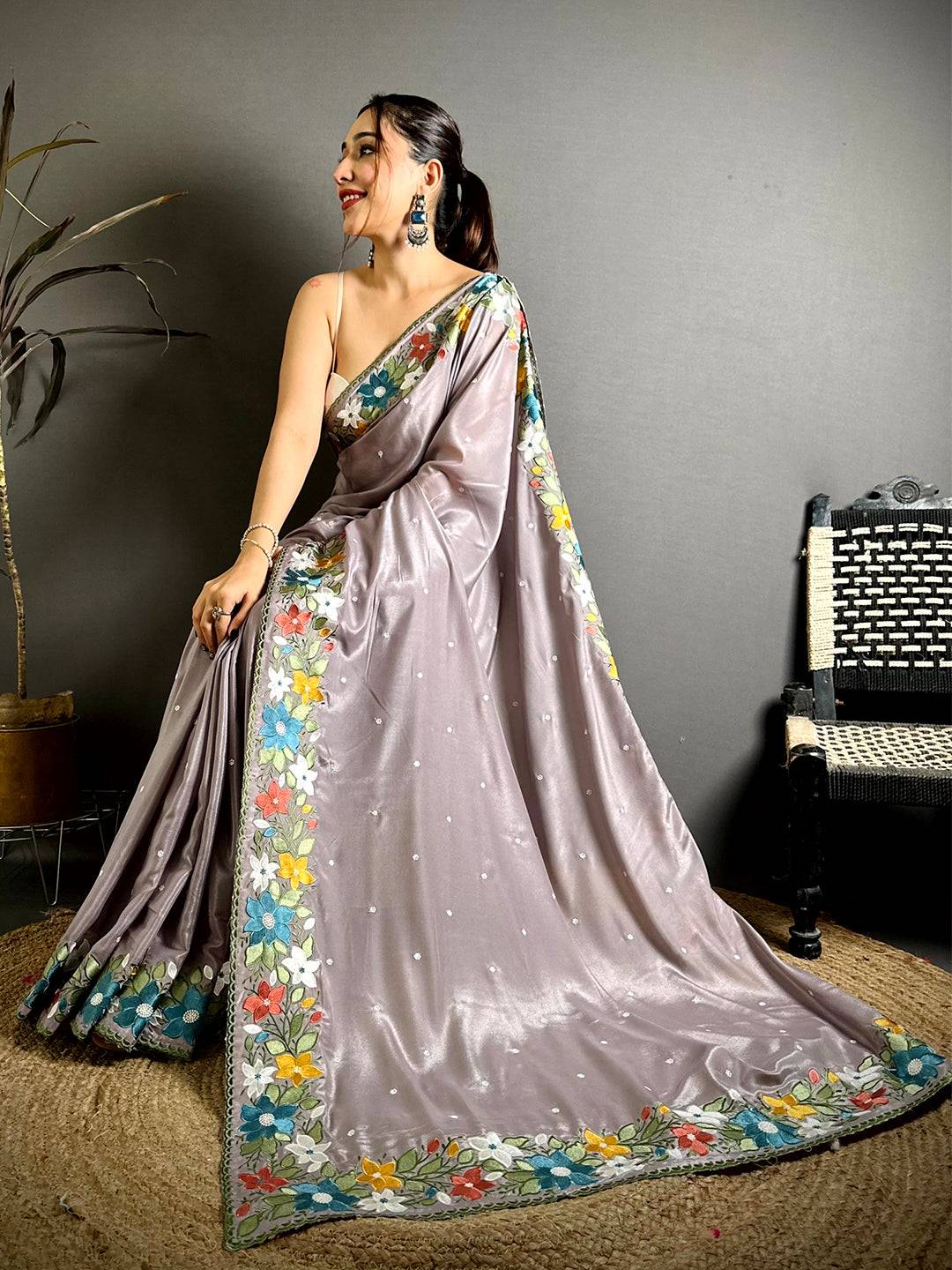 Artisan Floral Embroidered Border Saree