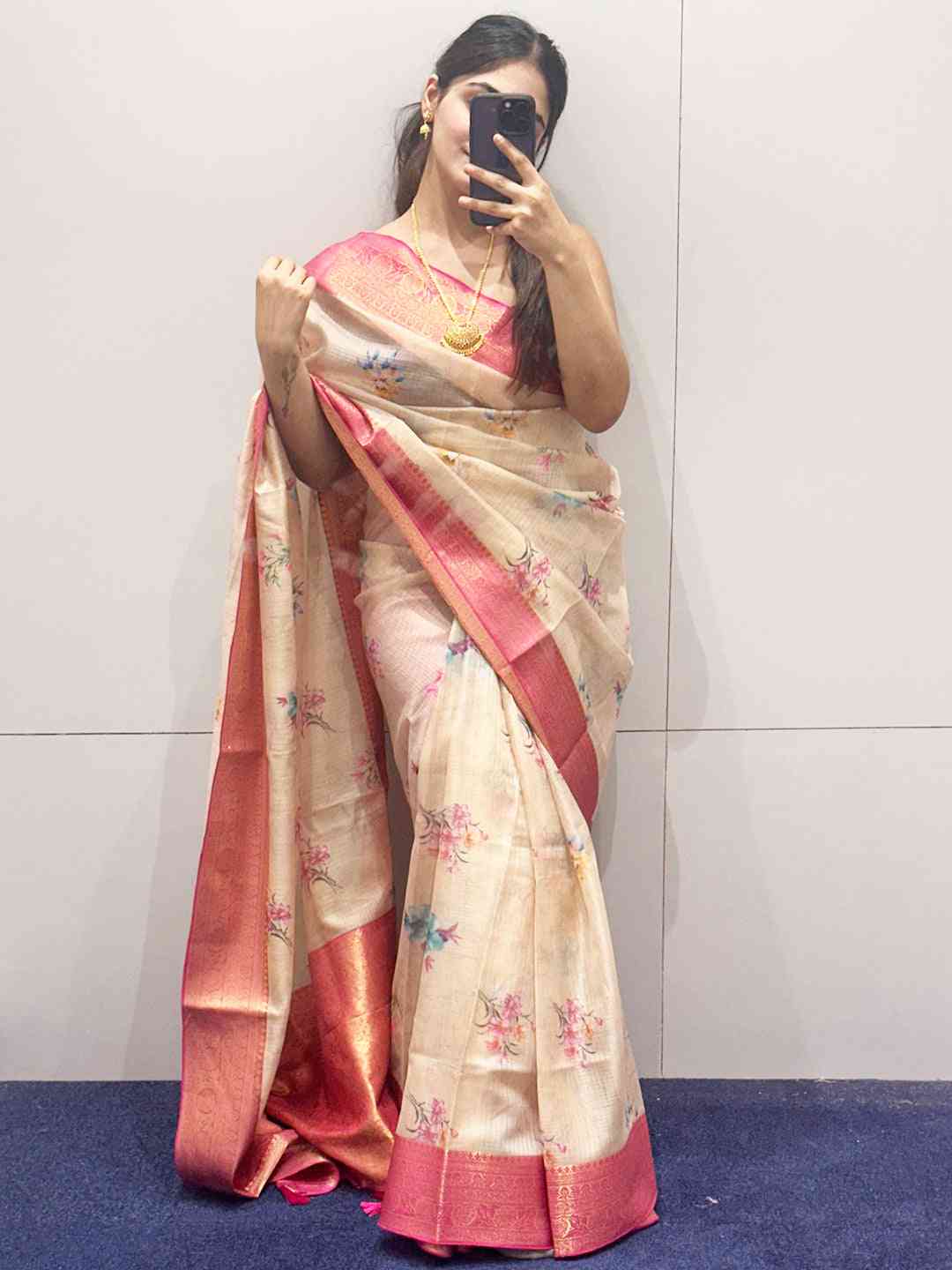 Peach Colour Digital Flower Print Kota Silk Saree