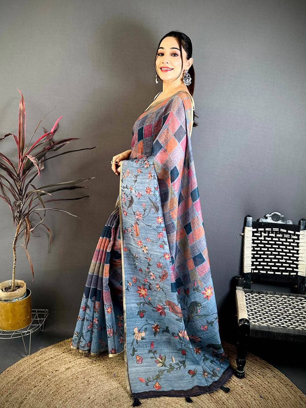 Regal Multicolor Block Print Linen Saree