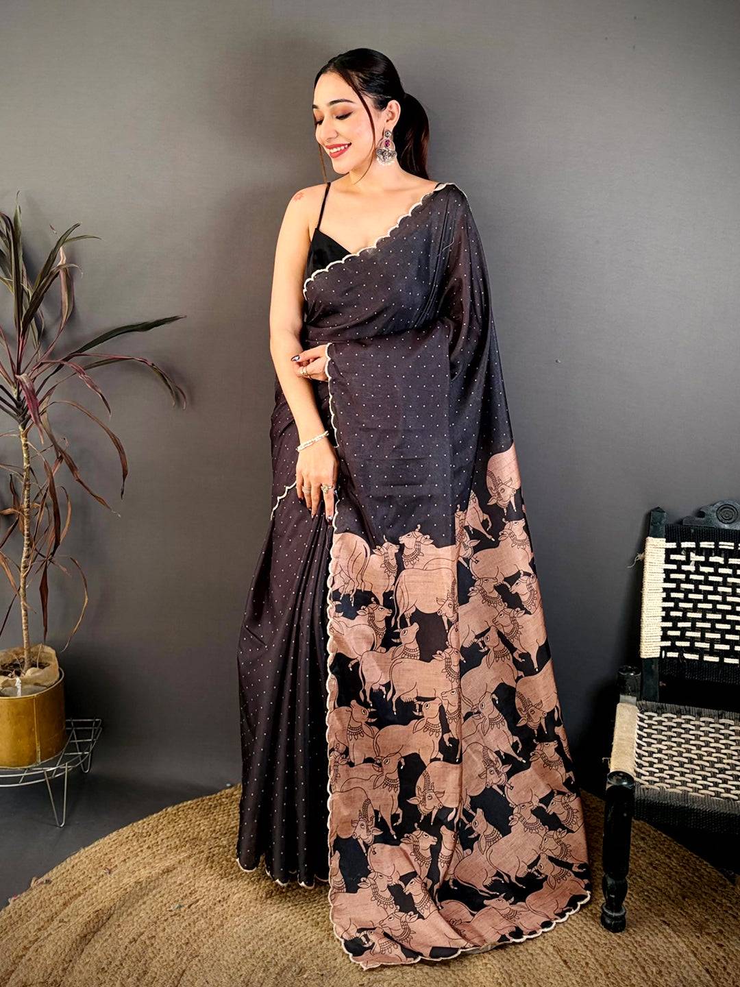 Artistic Cow Motif Kalamkari Tussar Saree