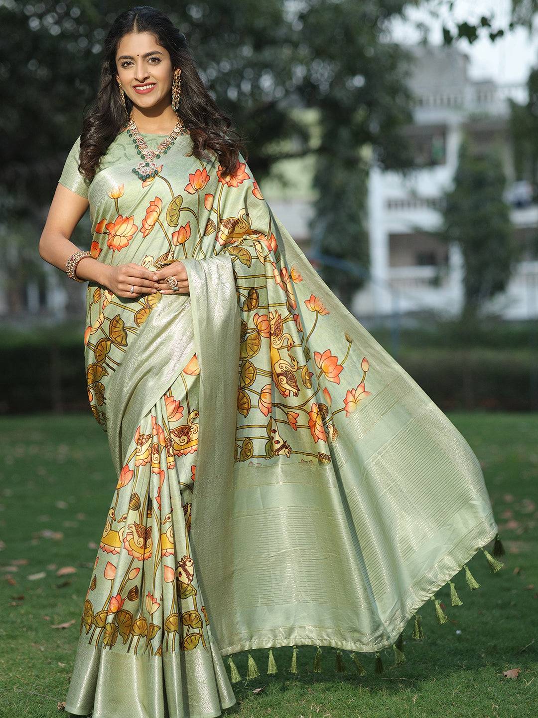 Pista Pure Viscose Dola Silk Saree With Pichwai And Mughal Print - Luxe
