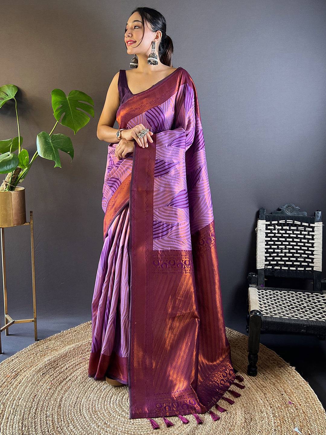 Lavender Tussar Silk Zari Weaving Ikkat Saree