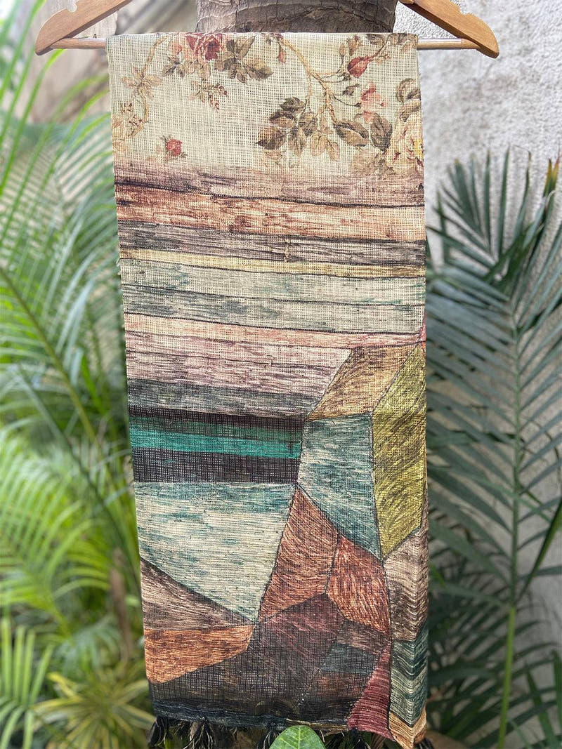 Beige Colour Soft Kota Doriya Silk Saree With Flower & abstect Prints