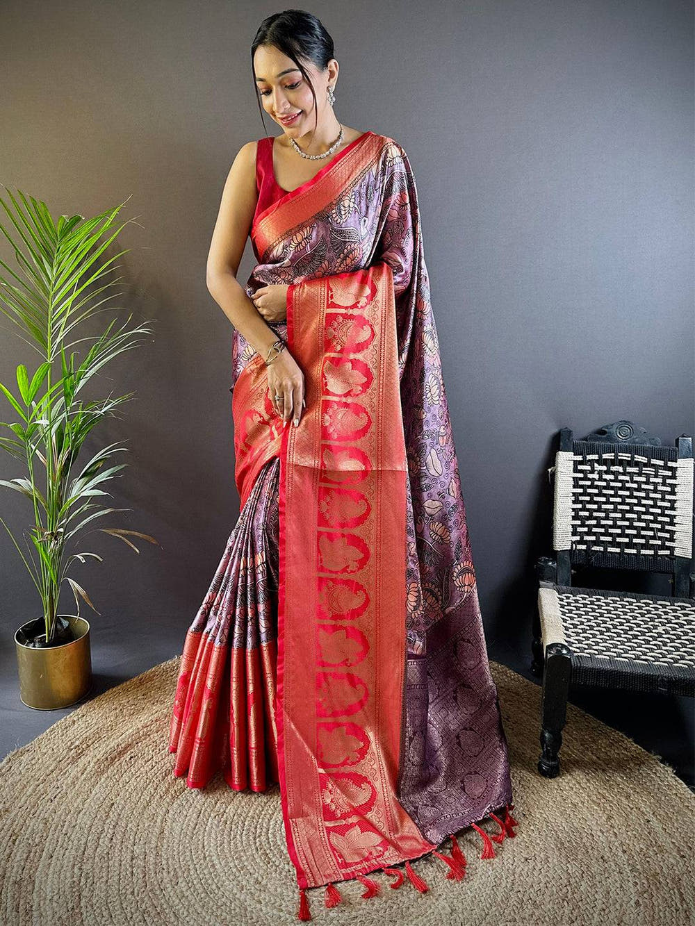Cherry Satin Silk Kalamkari Saree