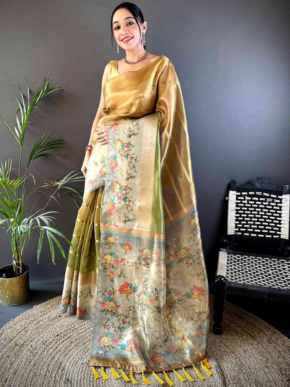 Mustard Ombre Zari Tissue Digital Print Saree
