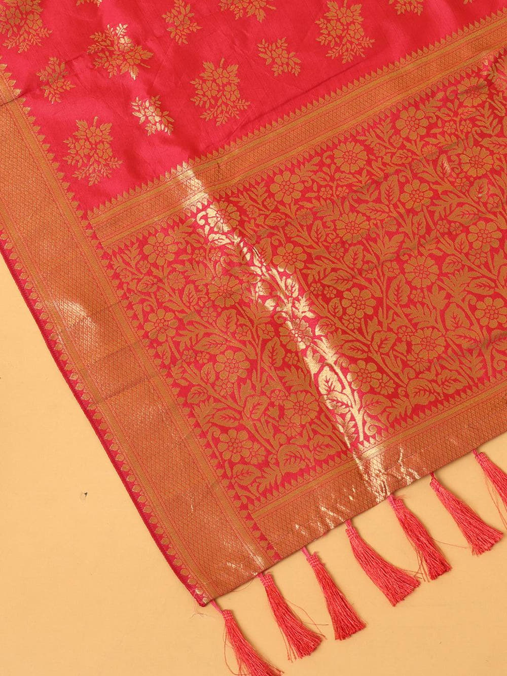 Woven Design Rani Silk Blend Dupatta With Resham Tassels
