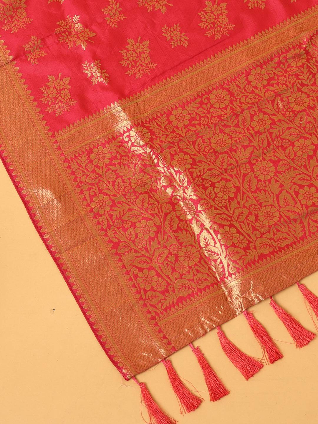 Woven Design Rani Silk Blend Dupatta With Resham Tassels