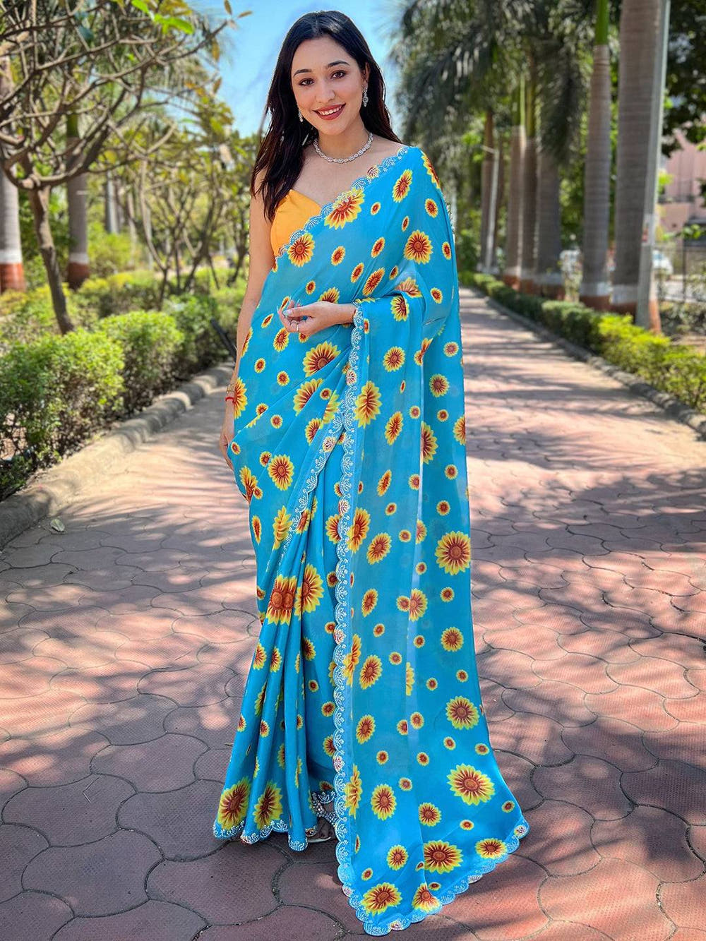 Blue Satin Georgette Floral Print Saree