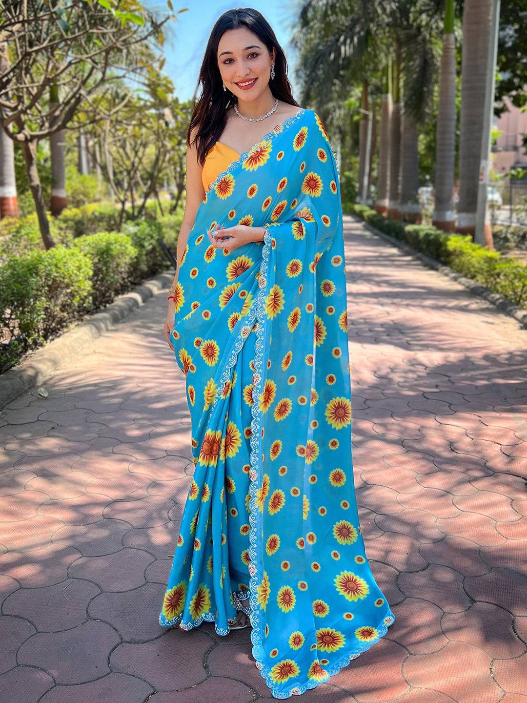 Blue Satin Georgette Floral Print Saree