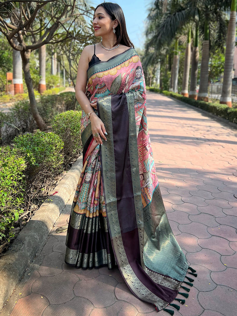 Pink Colour Double Border Chex Weaving Banarasi Soft Silk Saree