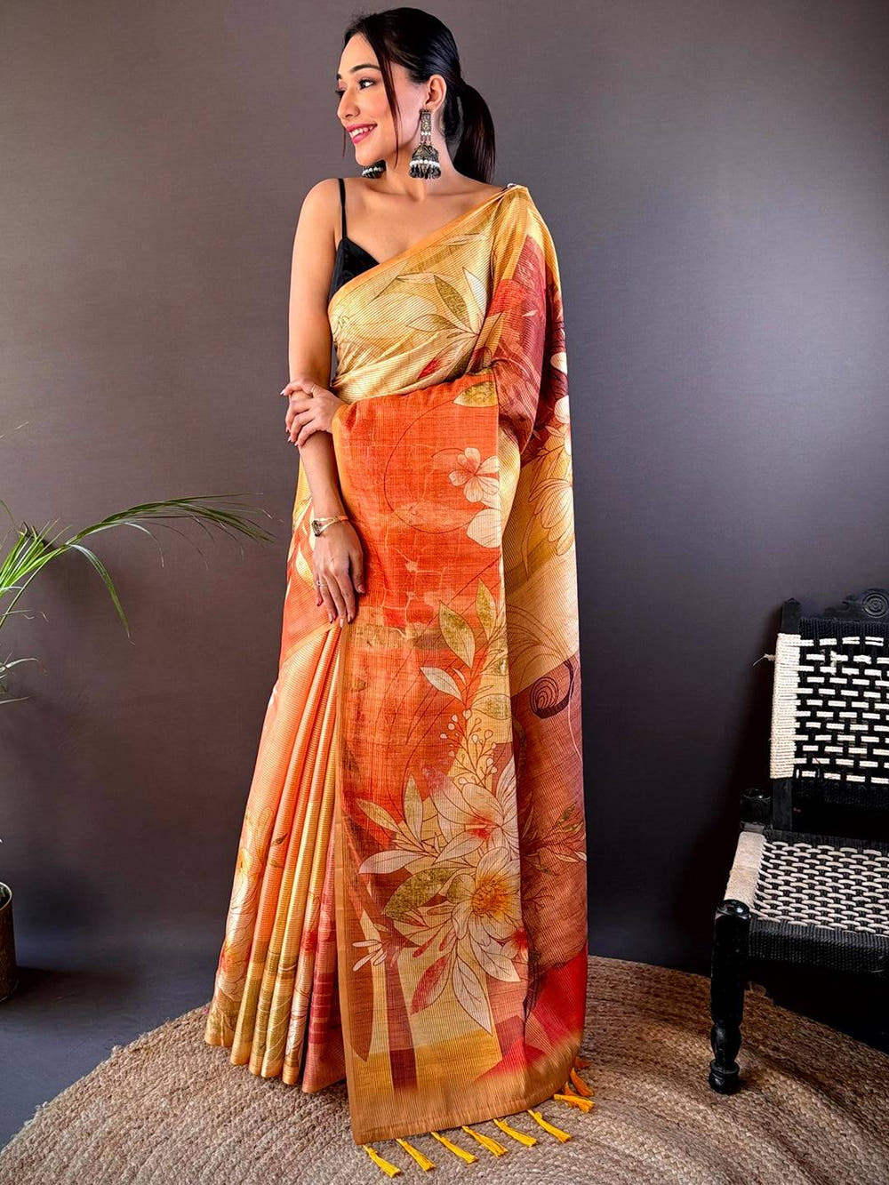 Golden Yellow Semi Zari Tussar Floral Saree