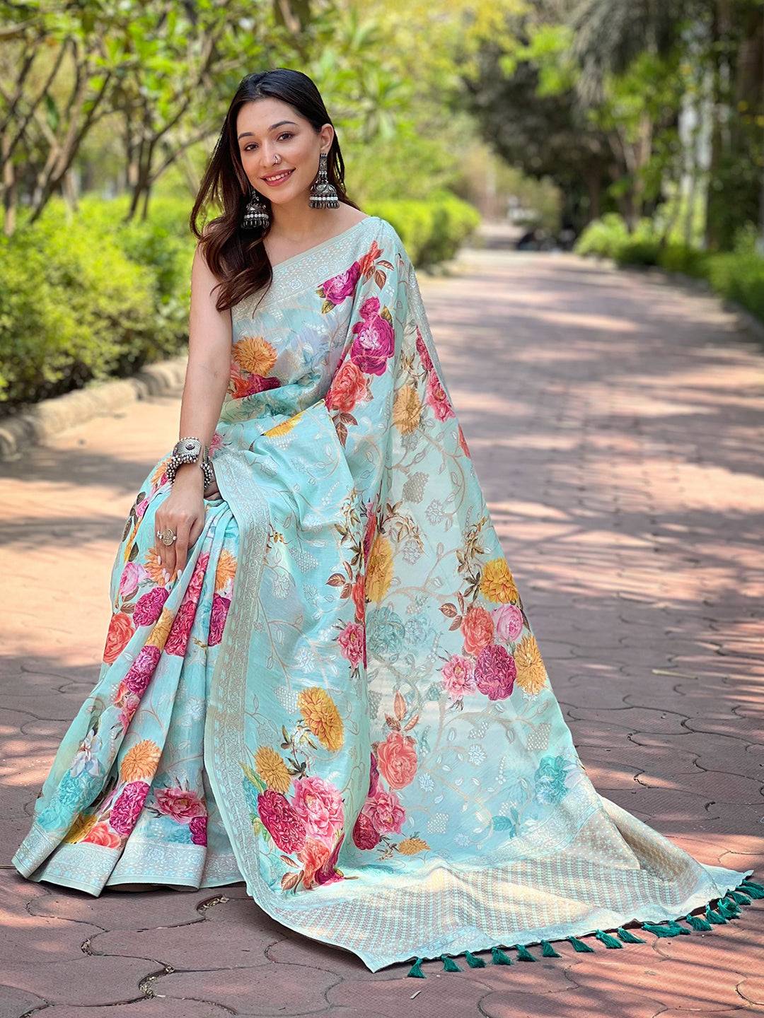 Light Green Lakhnavi Bandla Zari Weaving Saree