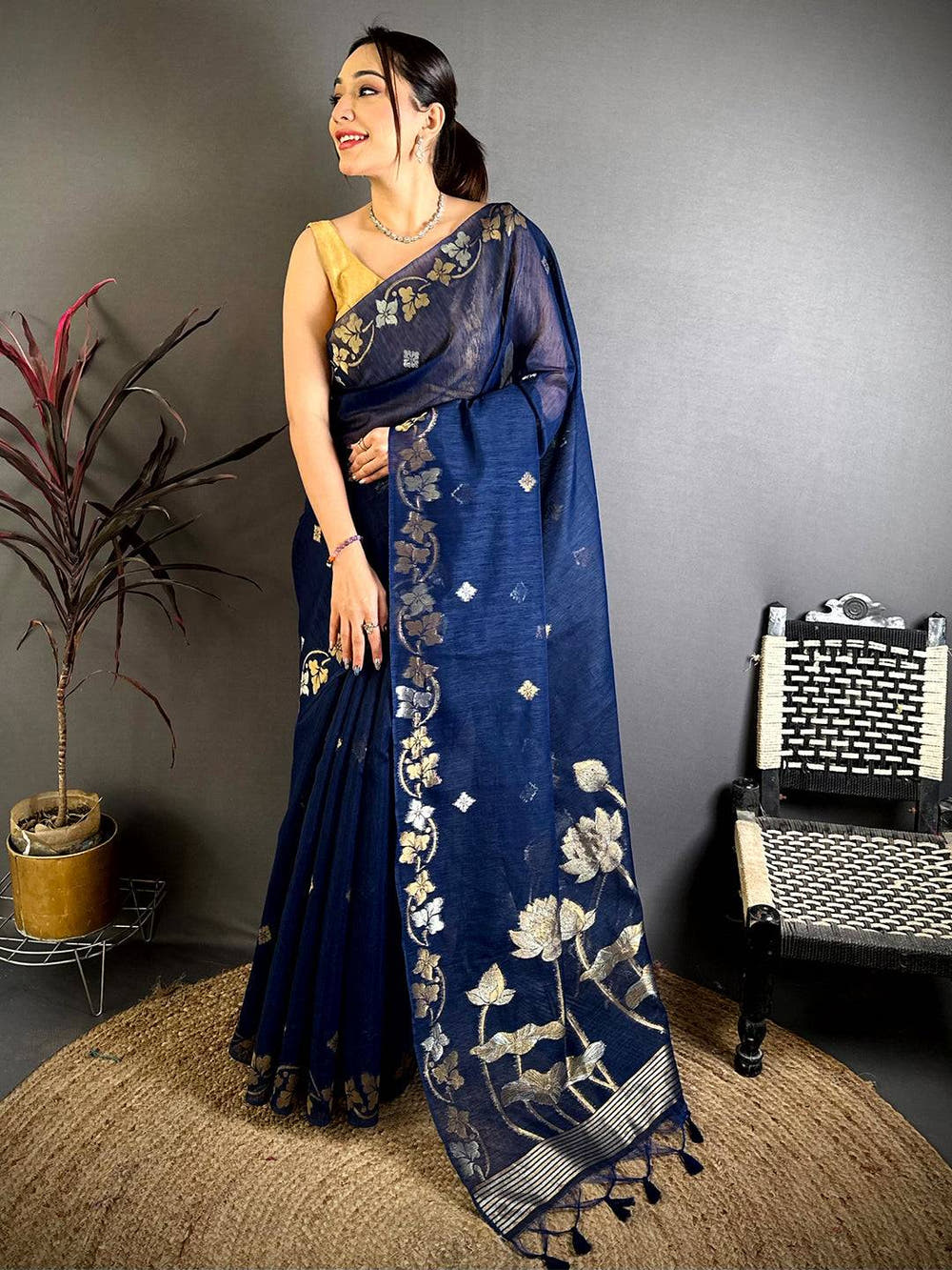 Navy Sona Chandi  Munga  Saree