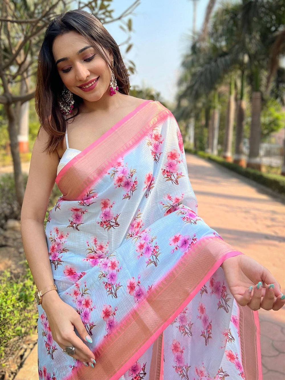 Light Blue Kota With Digital Floral Printed Saree