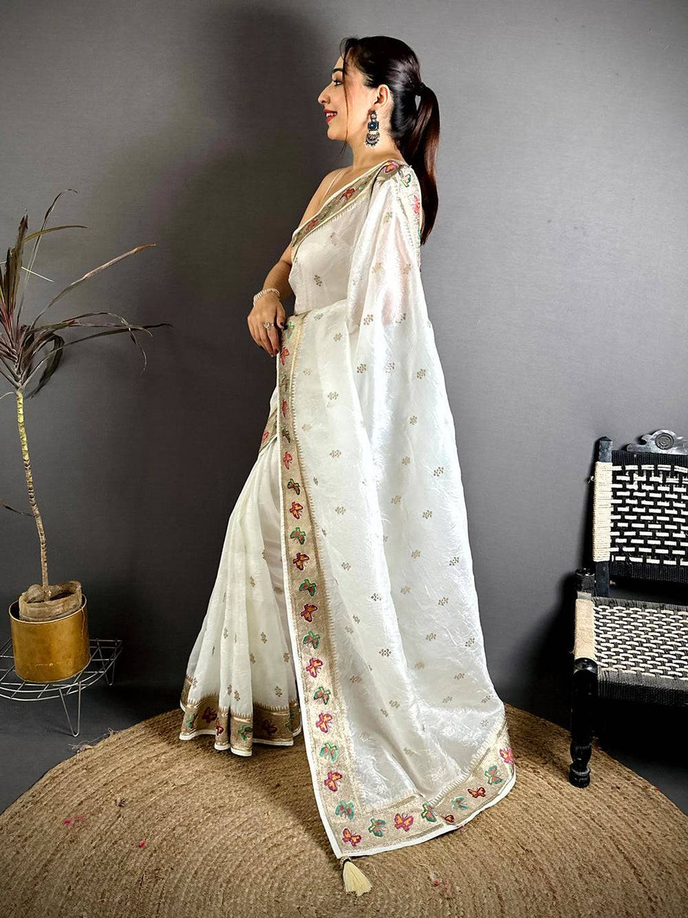 White Crush Silk Zari Embroidered Saree