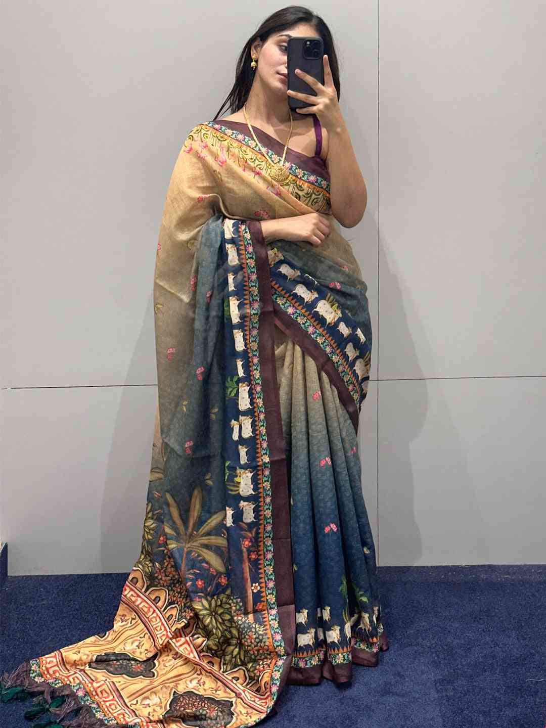Soft Linen Ombre Pichwai Printed Blue Colour Saree