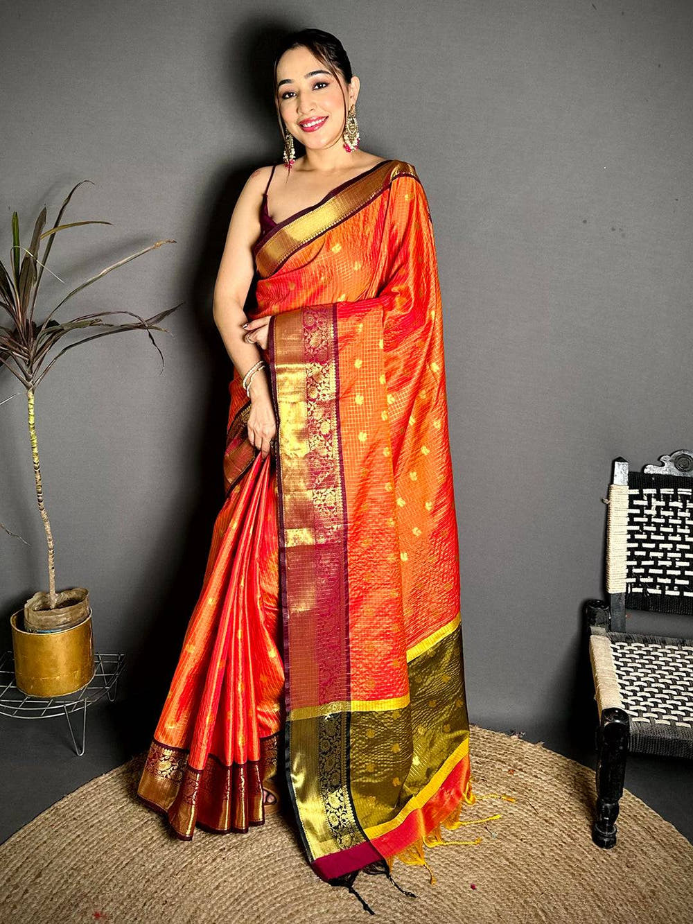 Radiant Self Gold Zari Chex Chitpallu Saree