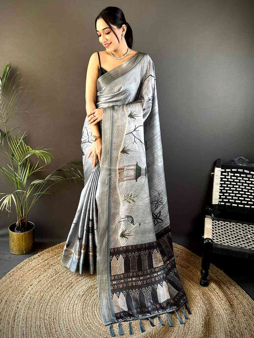 Slate Grey Tussar Chex Japanese Print Saree