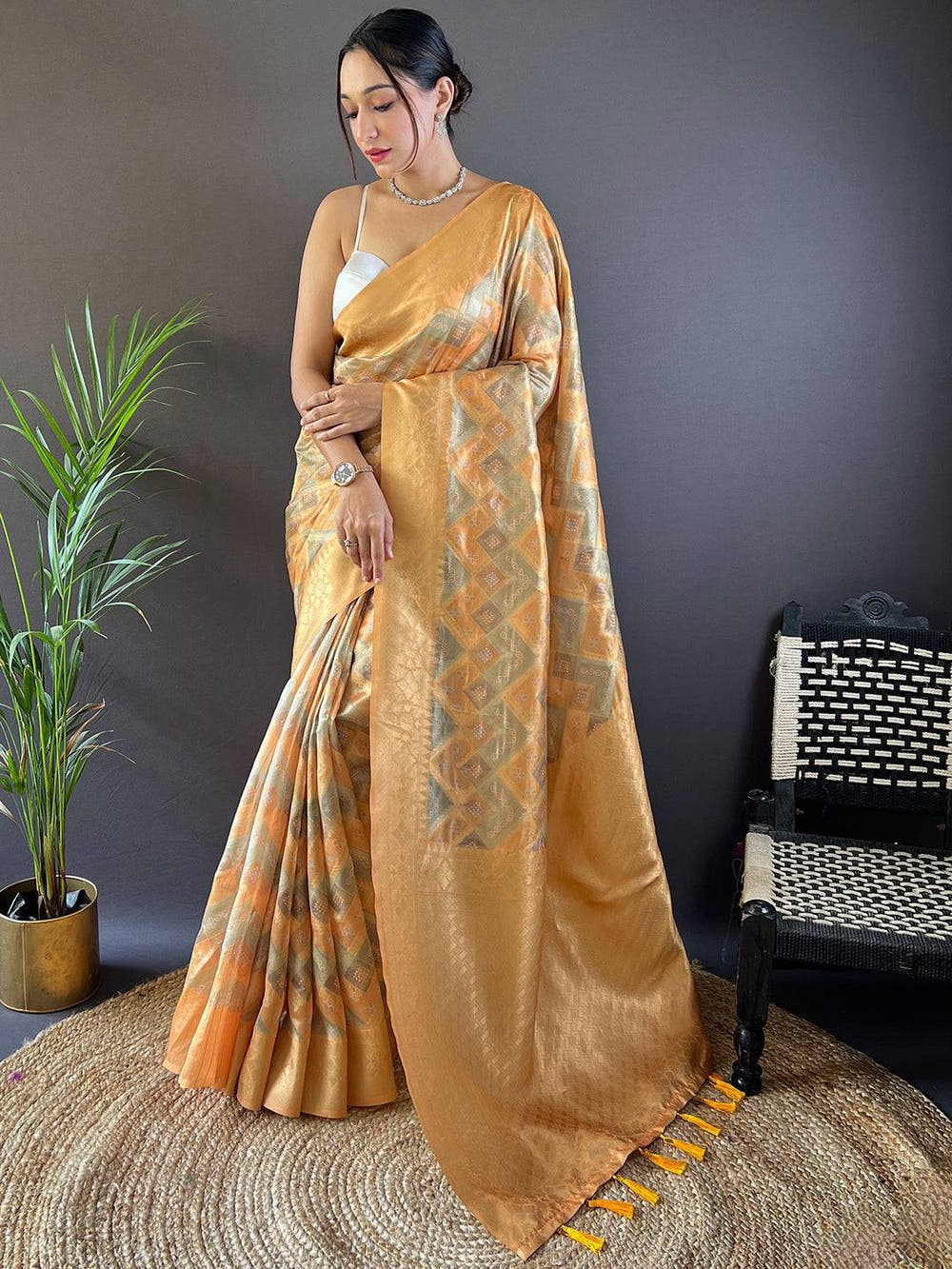 Honey Yellow Colour Block Print Saree