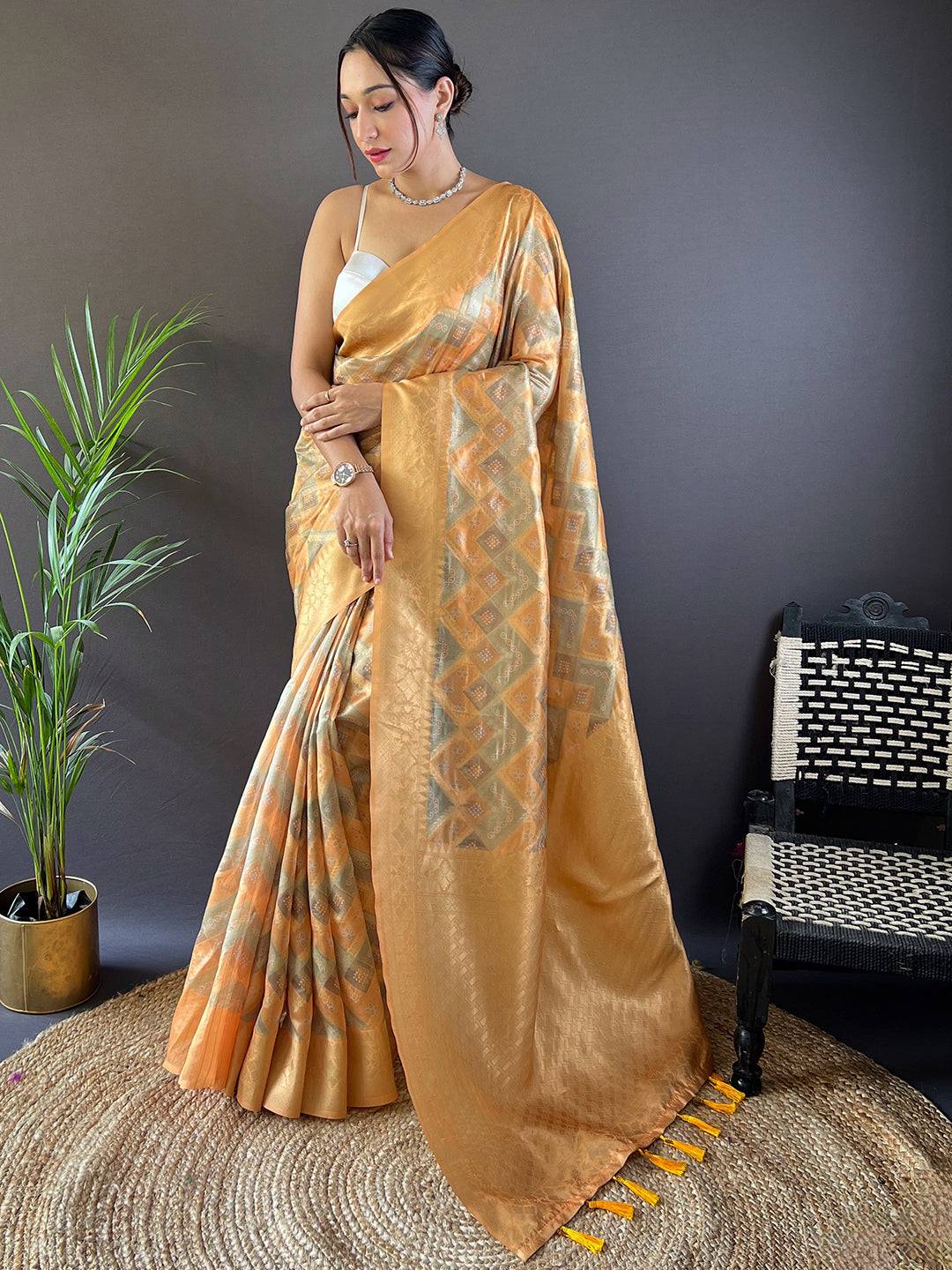 Honey Yellow Colour Block Print Saree
