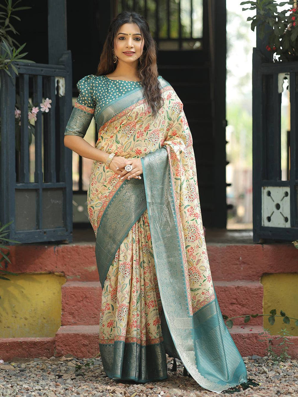 Cream Colour Phulkari Design Zari Weaving Pallu Saree - Luxe
